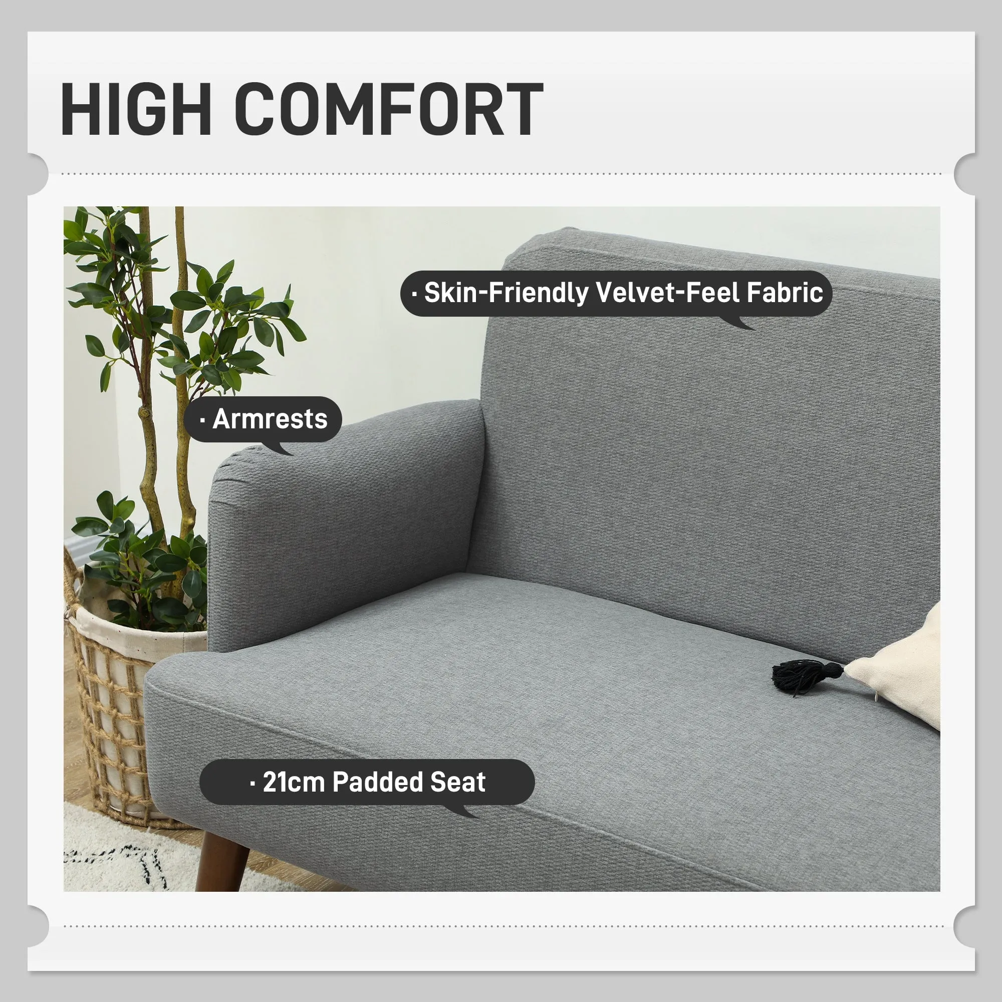 2 Seater Sofa with 21cm Thick Padding and Wood Legs, Grey