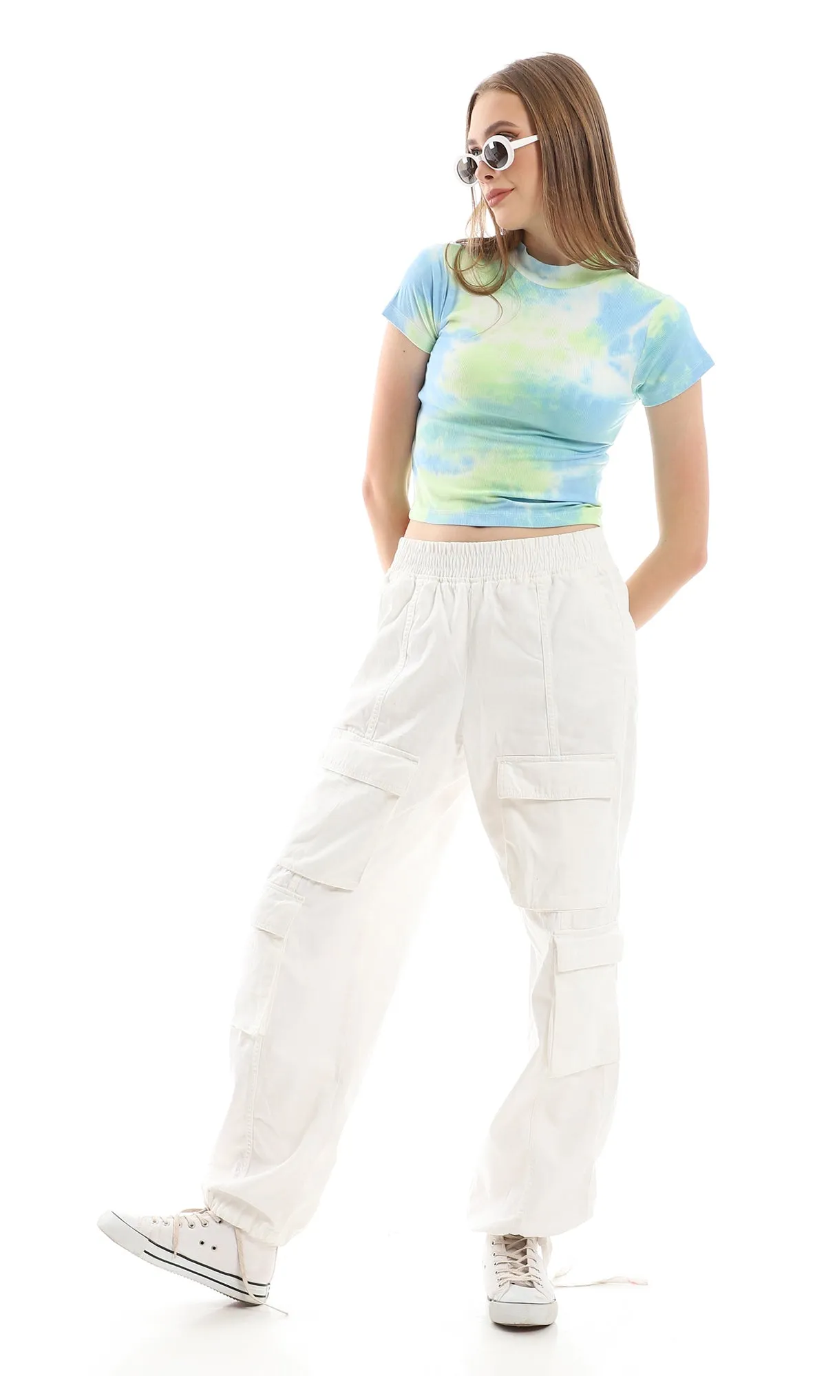 97190 Mint & Blue Tie Dye Short Sleeves Mock Neck T-Shirt