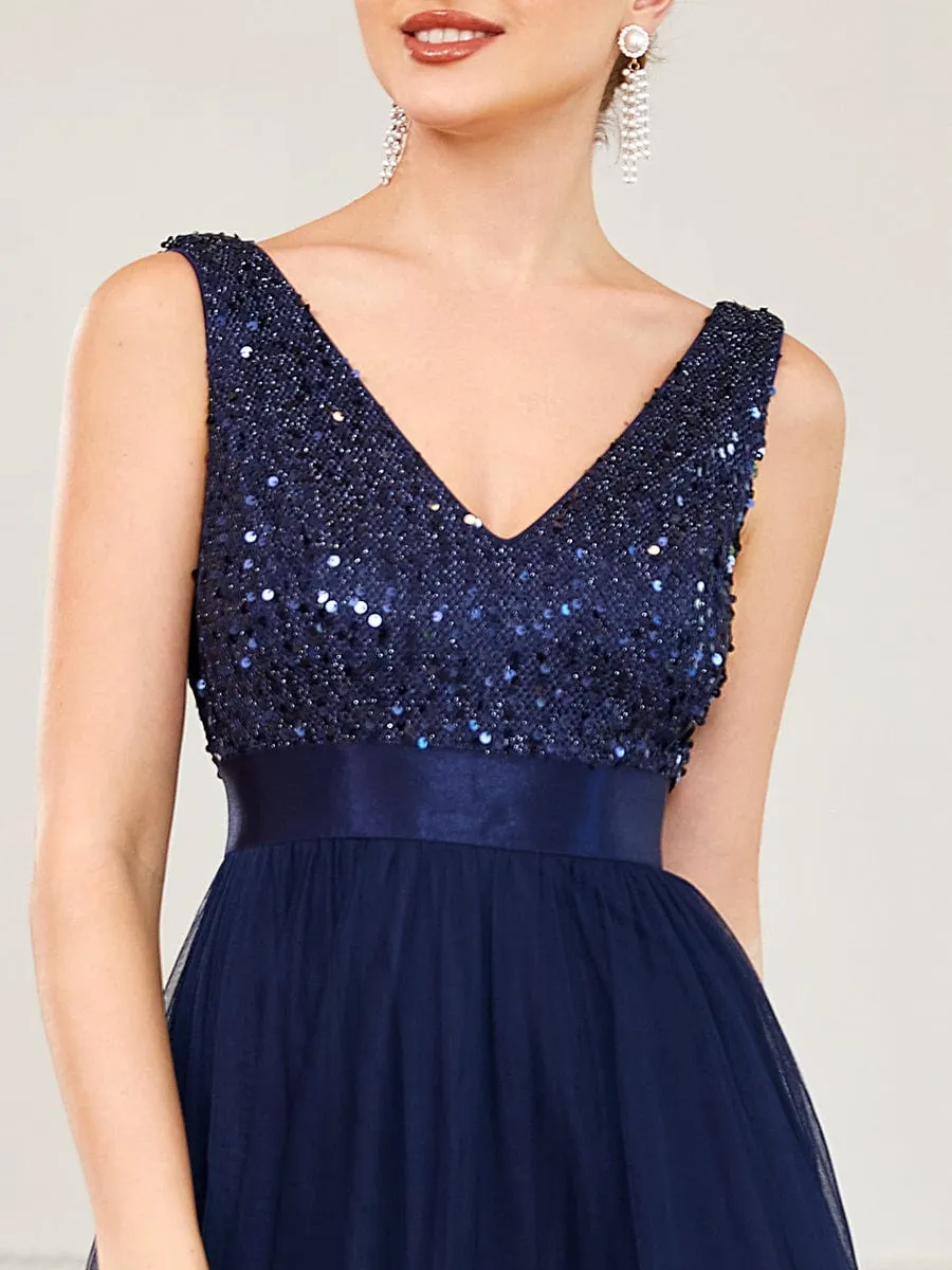 Abia | Sequin Bodice Tulle High-Low Evening Dress with Ribbon Waist