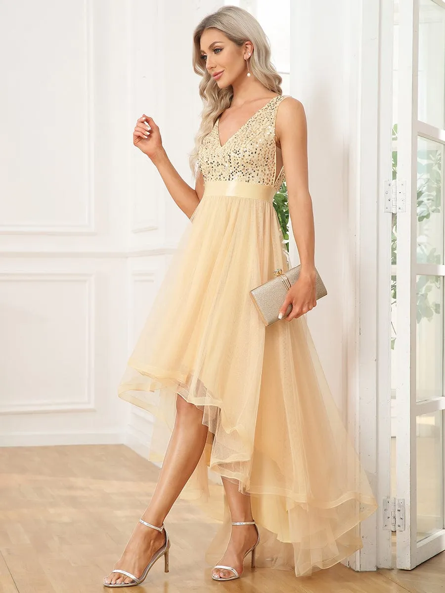 Abia | Sequin Bodice Tulle High-Low Evening Dress with Ribbon Waist