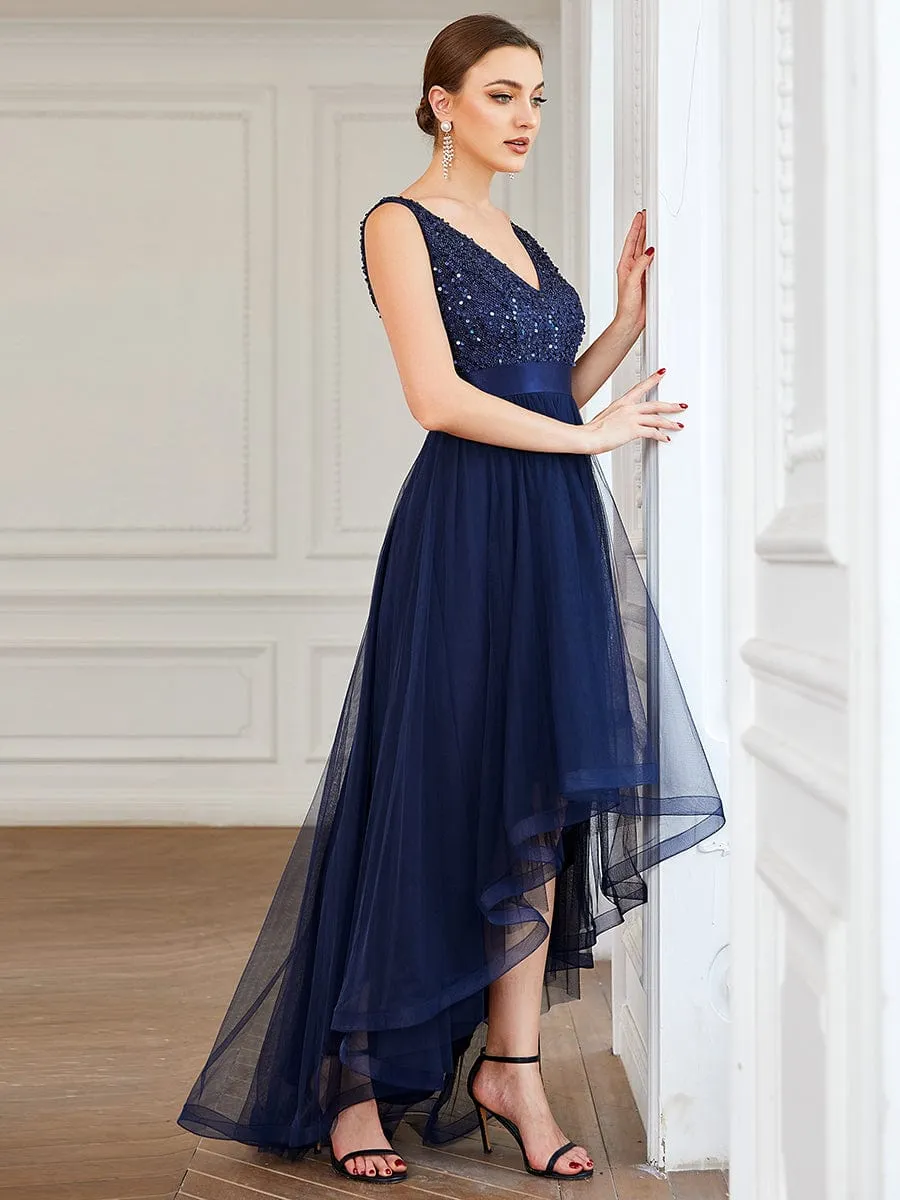 Abia | Sequin Bodice Tulle High-Low Evening Dress with Ribbon Waist