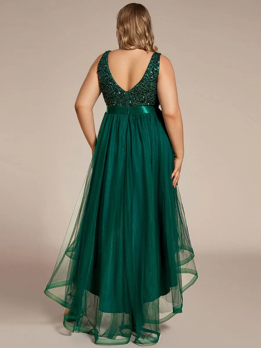 Abia | Sequin Bodice Tulle High-Low Evening Dress with Ribbon Waist