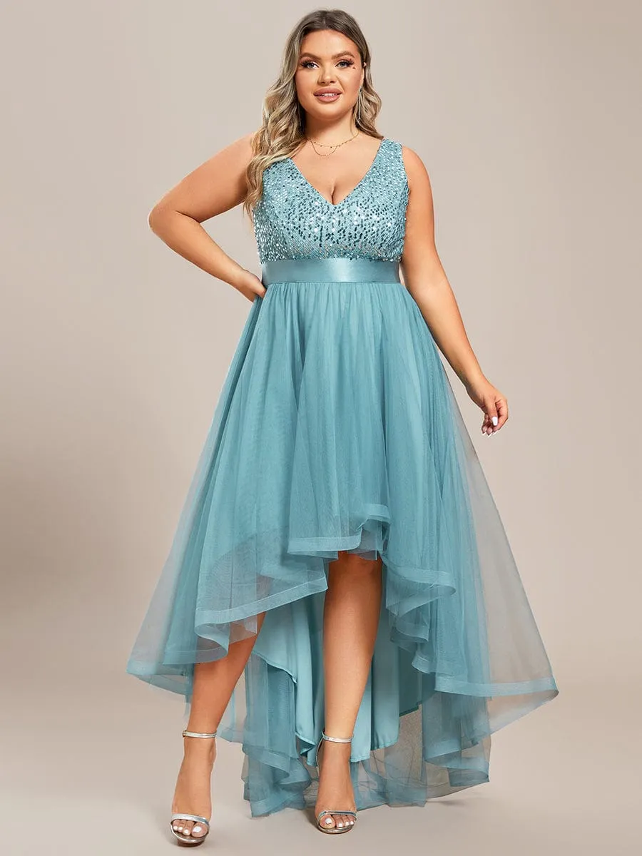 Abia | Sequin Bodice Tulle High-Low Evening Dress with Ribbon Waist