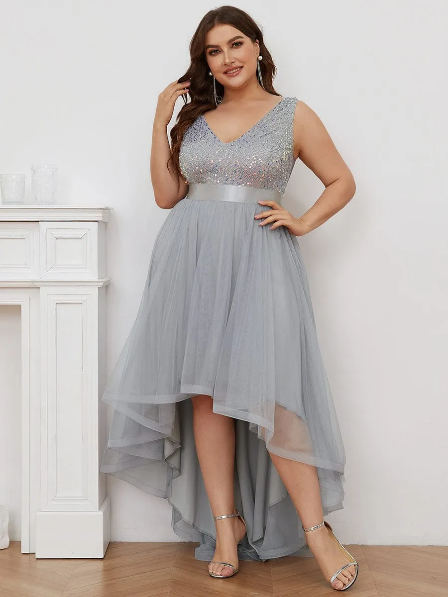 Abia | Sequin Bodice Tulle High-Low Evening Dress with Ribbon Waist