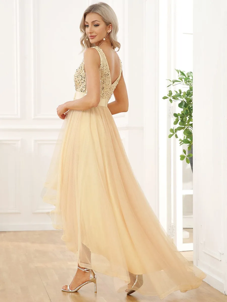 Abia | Sequin Bodice Tulle High-Low Evening Dress with Ribbon Waist