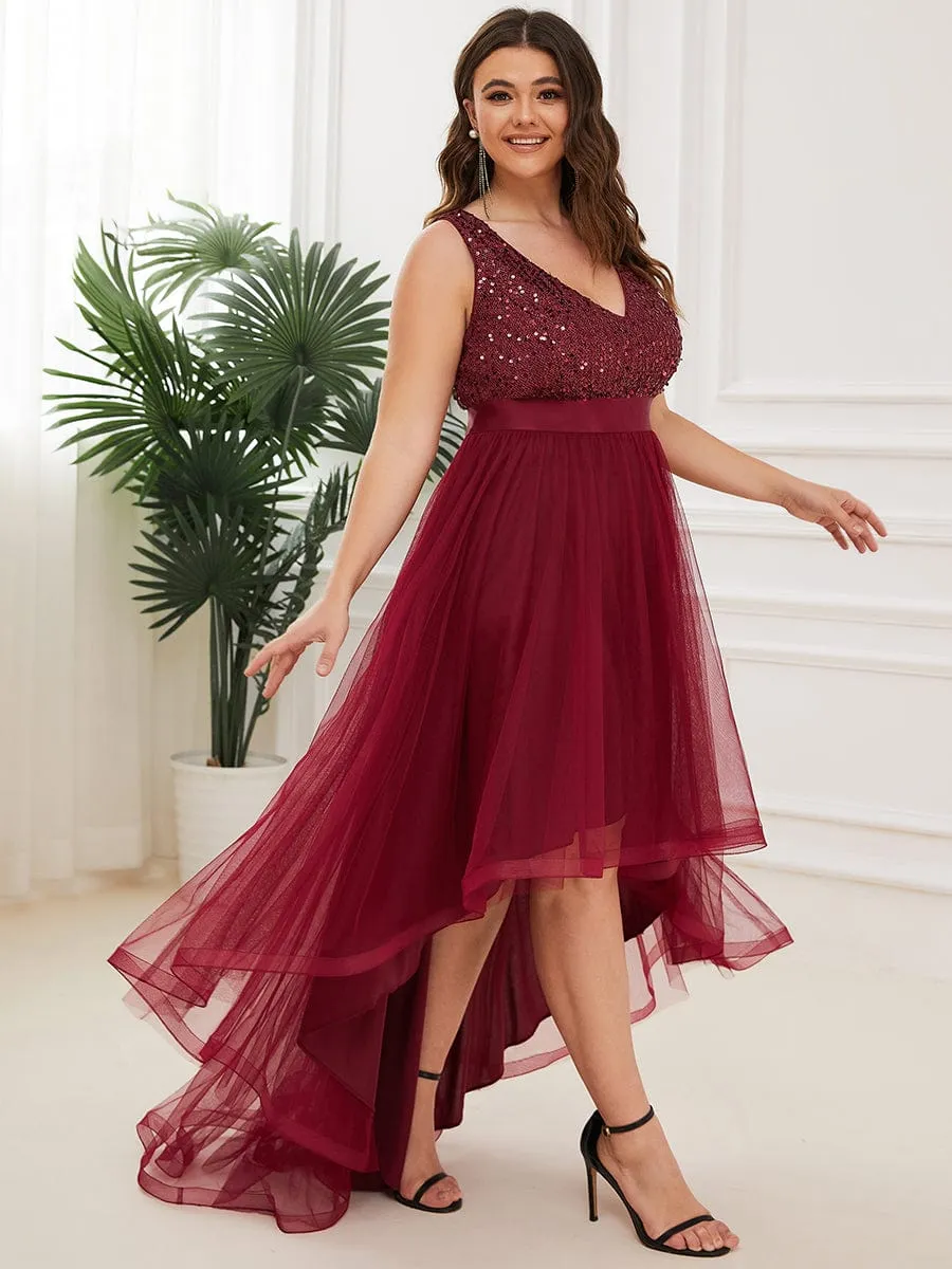 Abia | Sequin Bodice Tulle High-Low Evening Dress with Ribbon Waist