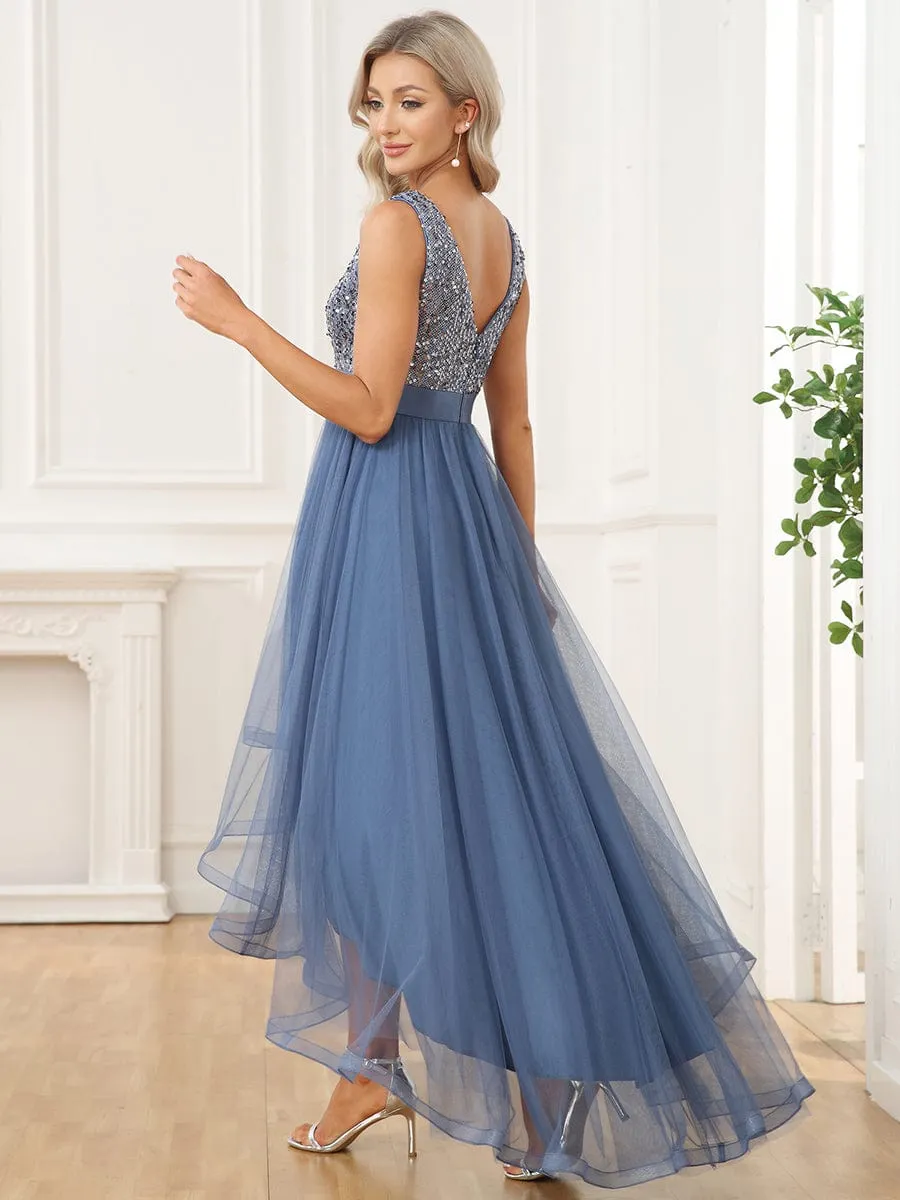 Abia | Sequin Bodice Tulle High-Low Evening Dress with Ribbon Waist