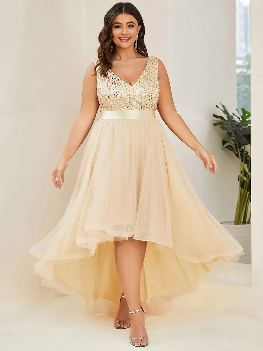 Abia | Sequin Bodice Tulle High-Low Evening Dress with Ribbon Waist