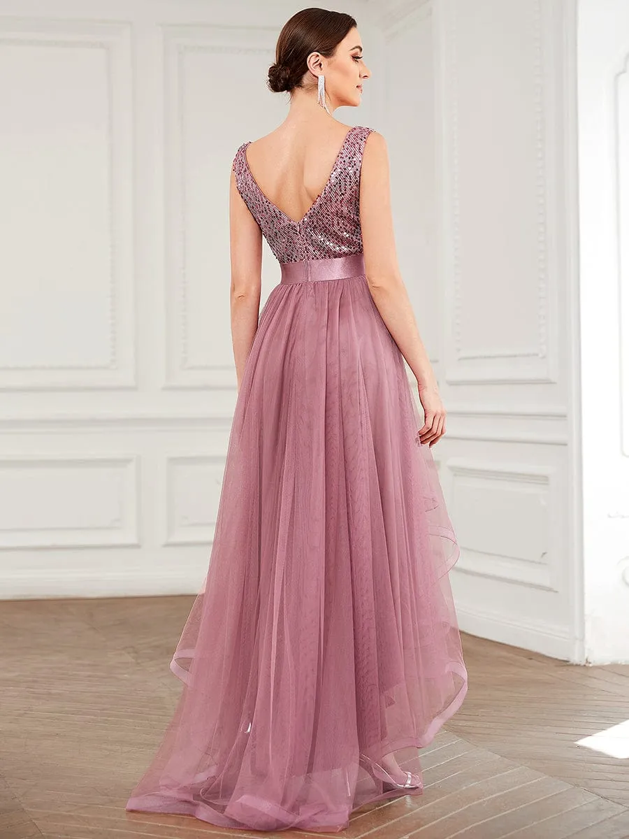 Abia | Sequin Bodice Tulle High-Low Evening Dress with Ribbon Waist