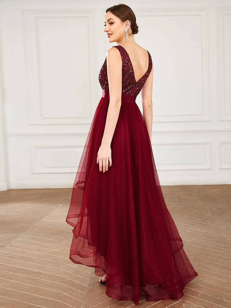 Abia | Sequin Bodice Tulle High-Low Evening Dress with Ribbon Waist