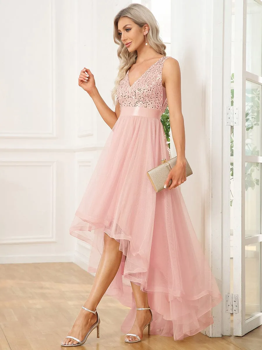 Abia | Sequin Bodice Tulle High-Low Evening Dress with Ribbon Waist