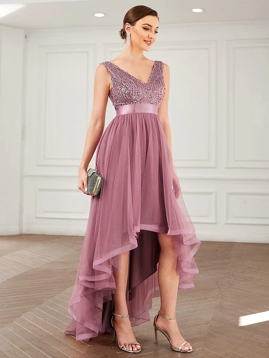 Abia | Sequin Bodice Tulle High-Low Evening Dress with Ribbon Waist