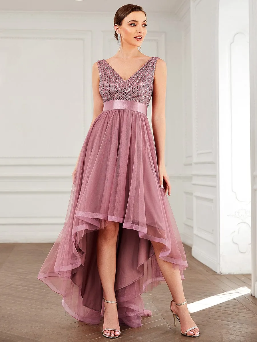 Abia | Sequin Bodice Tulle High-Low Evening Dress with Ribbon Waist