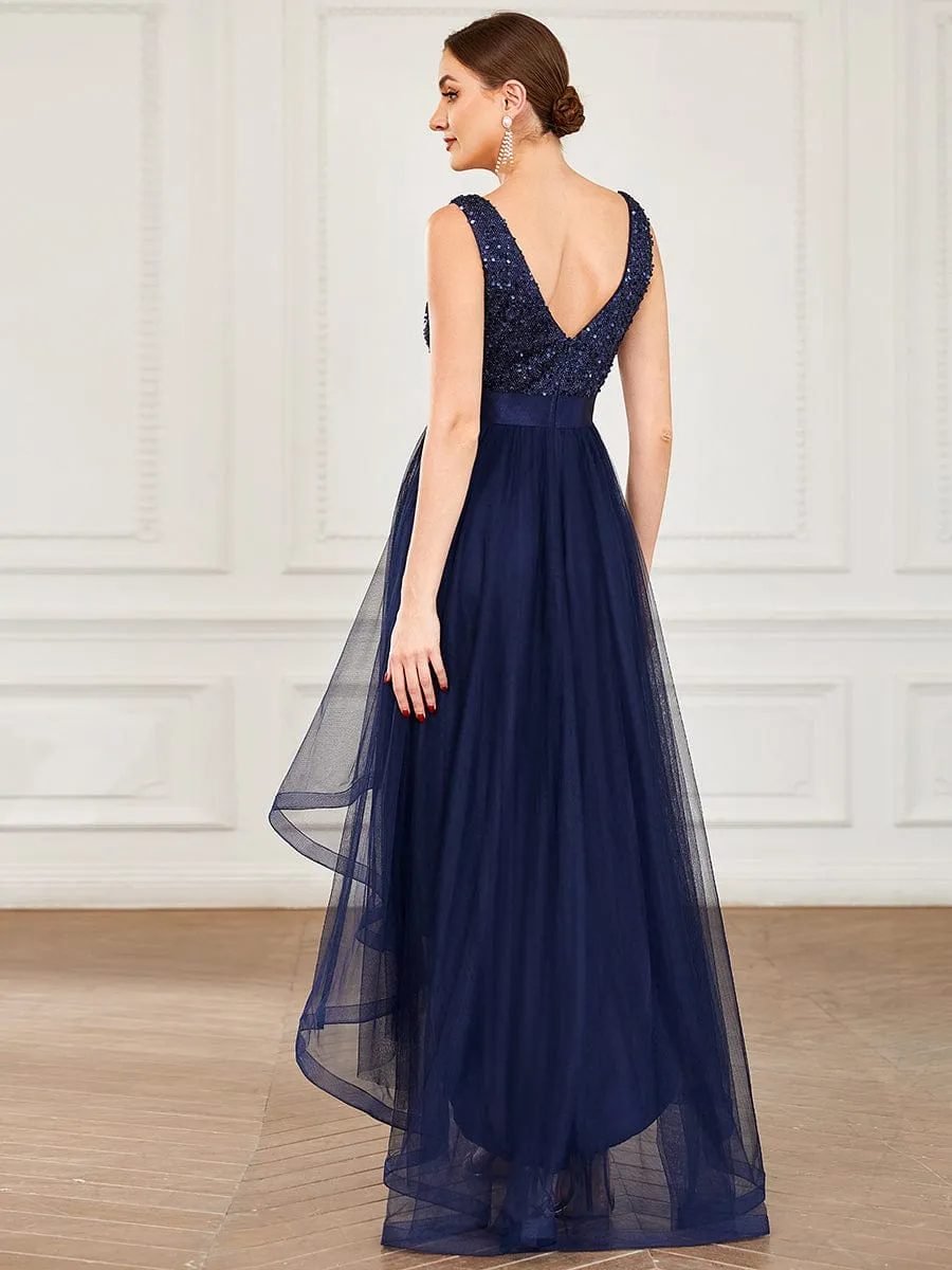 Abia | Sequin Bodice Tulle High-Low Evening Dress with Ribbon Waist