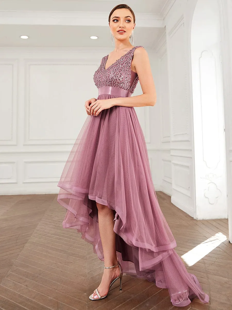 Abia | Sequin Bodice Tulle High-Low Evening Dress with Ribbon Waist