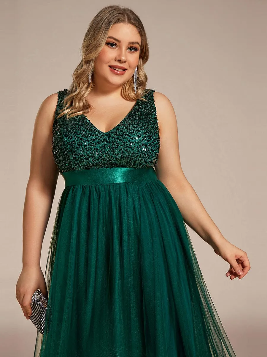 Abia | Sequin Bodice Tulle High-Low Evening Dress with Ribbon Waist