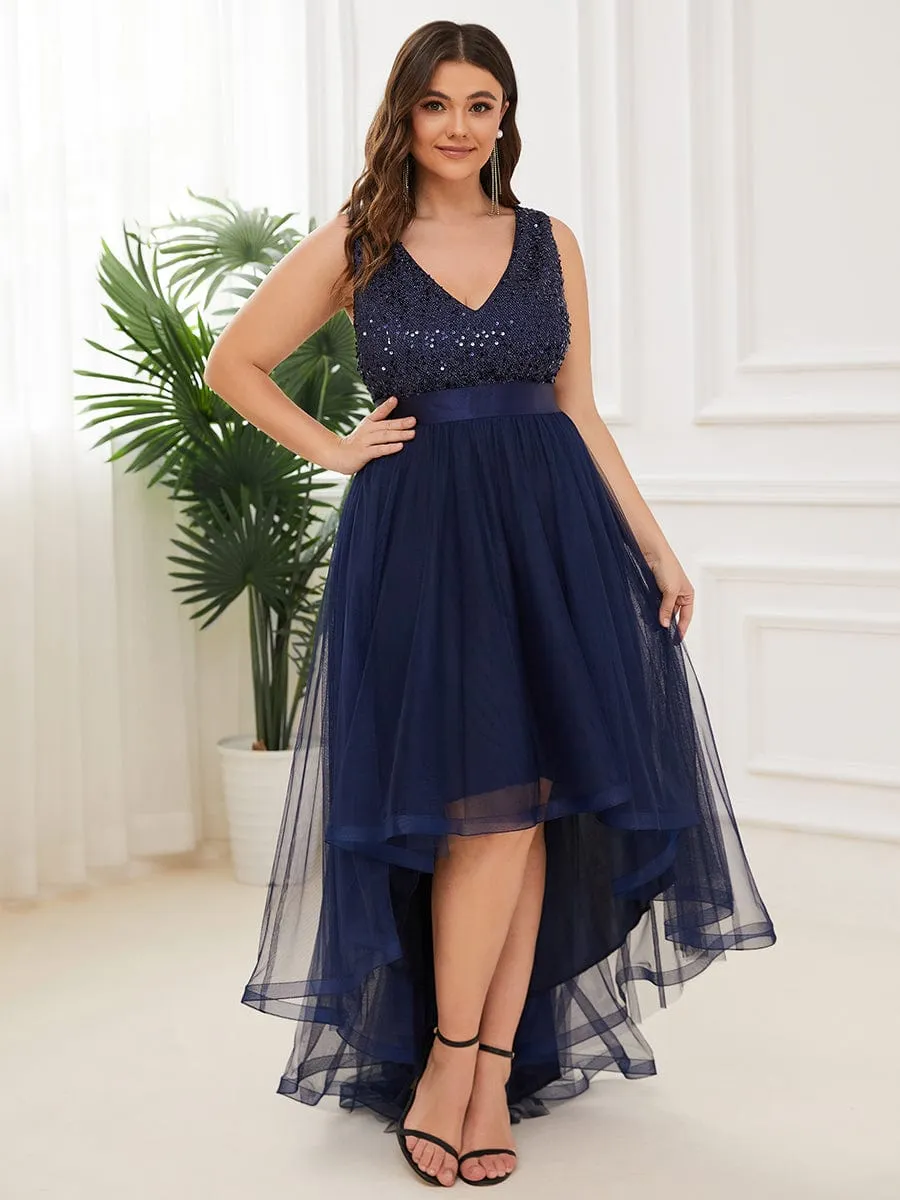 Abia | Sequin Bodice Tulle High-Low Evening Dress with Ribbon Waist