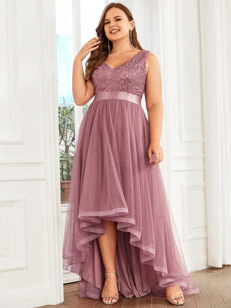 Abia | Sequin Bodice Tulle High-Low Evening Dress with Ribbon Waist