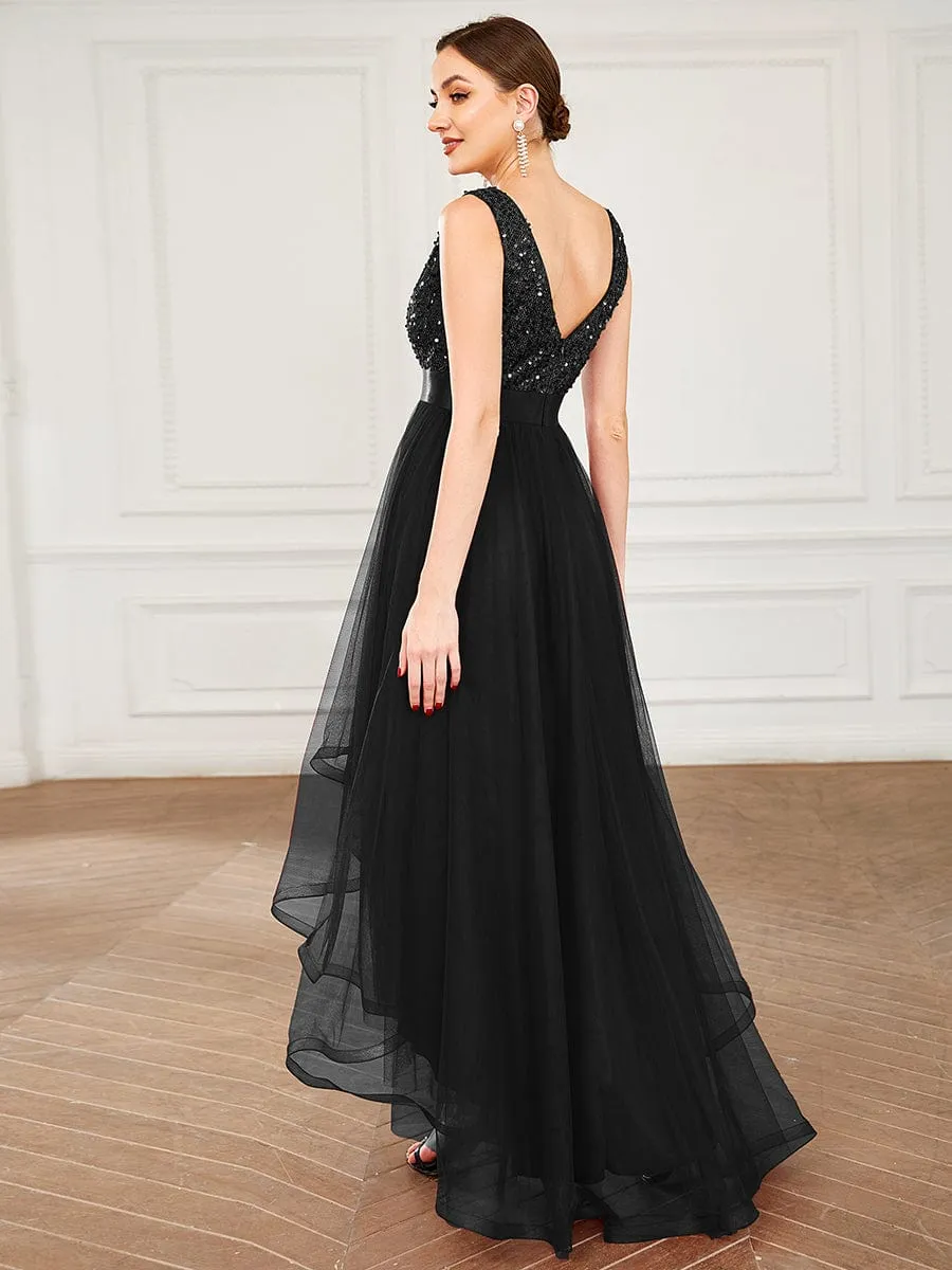 Abia | Sequin Bodice Tulle High-Low Evening Dress with Ribbon Waist