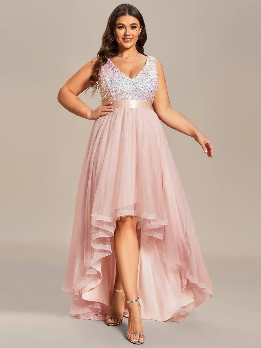 Abia | Sequin Bodice Tulle High-Low Evening Dress with Ribbon Waist