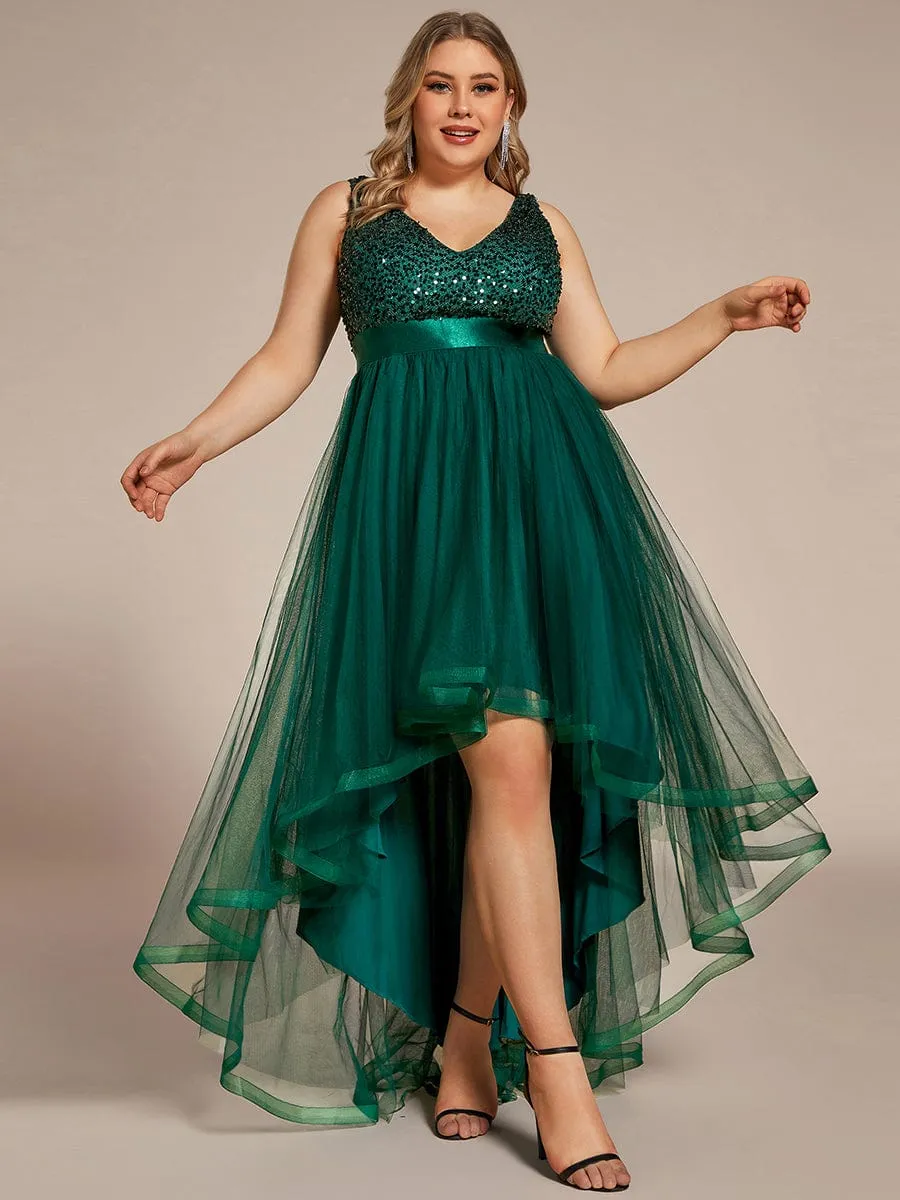 Abia | Sequin Bodice Tulle High-Low Evening Dress with Ribbon Waist