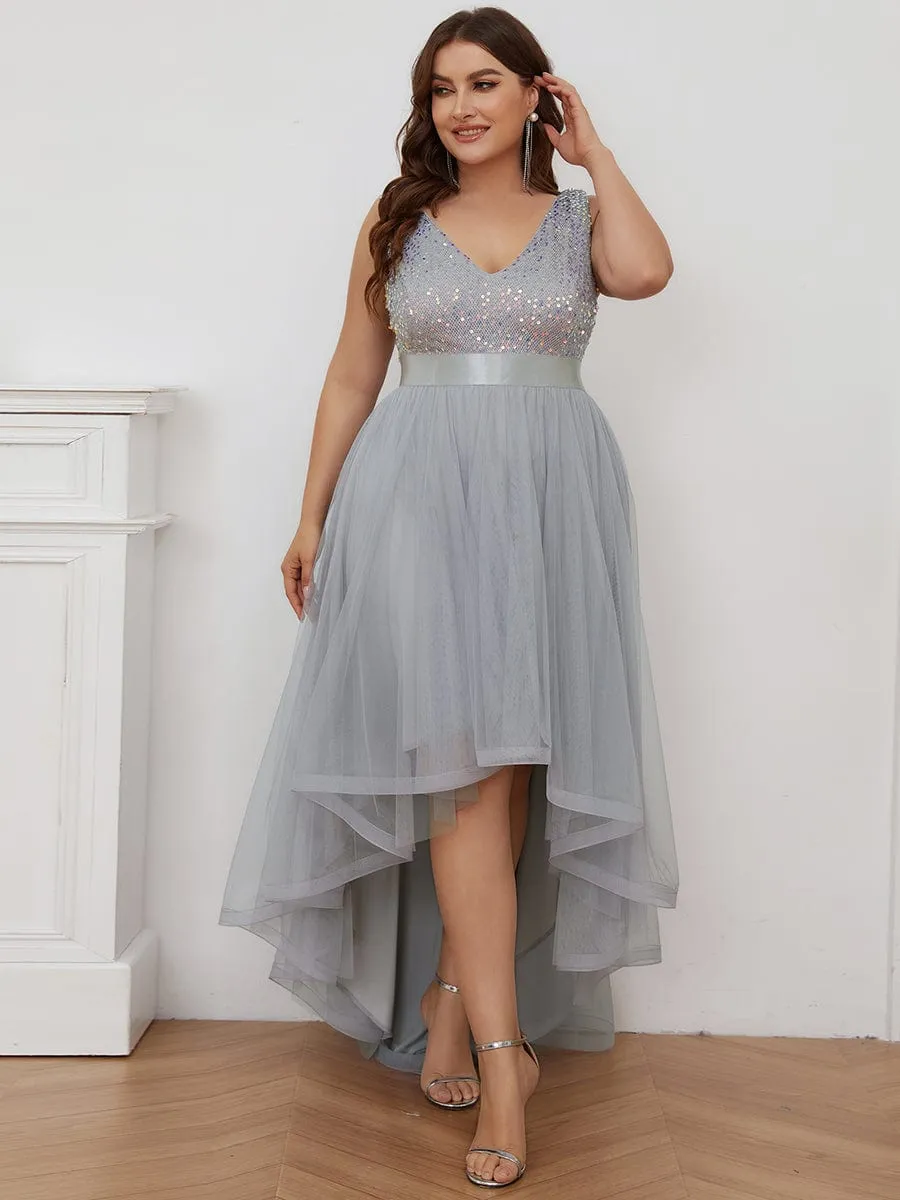 Abia | Sequin Bodice Tulle High-Low Evening Dress with Ribbon Waist