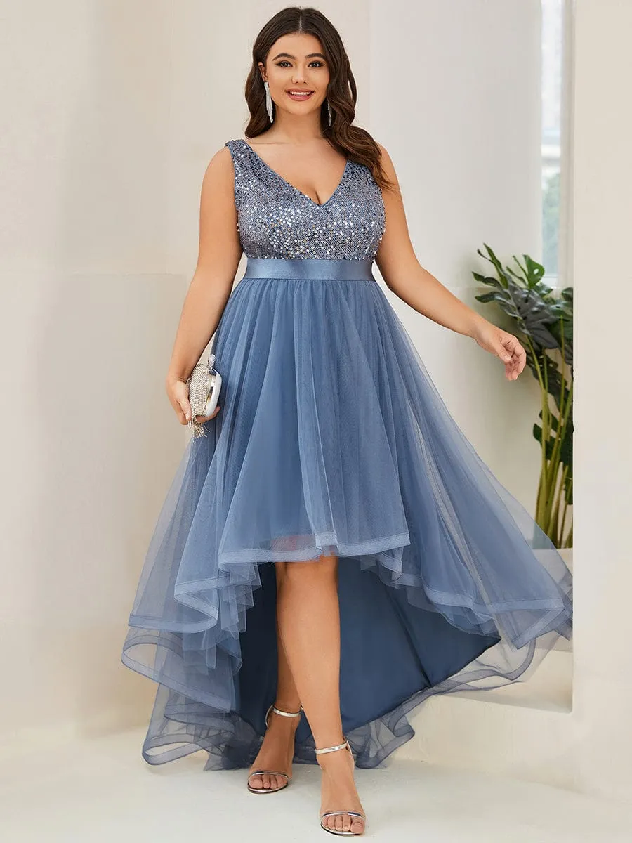 Abia | Sequin Bodice Tulle High-Low Evening Dress with Ribbon Waist