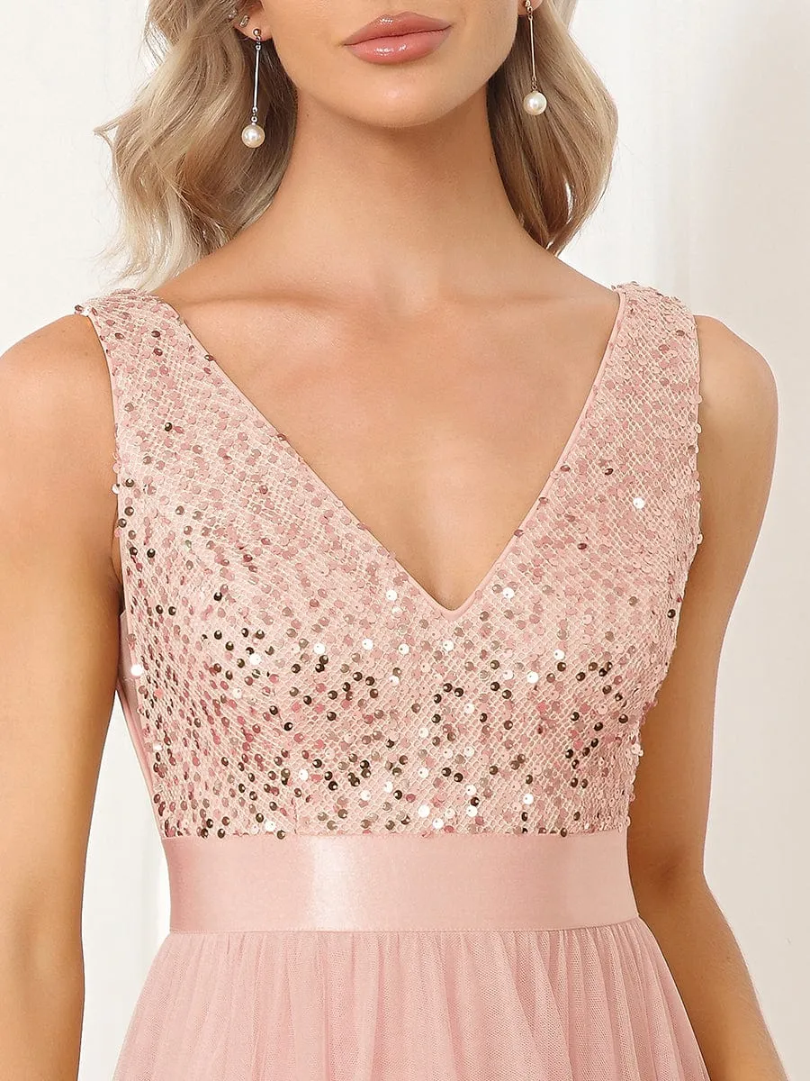 Abia | Sequin Bodice Tulle High-Low Evening Dress with Ribbon Waist