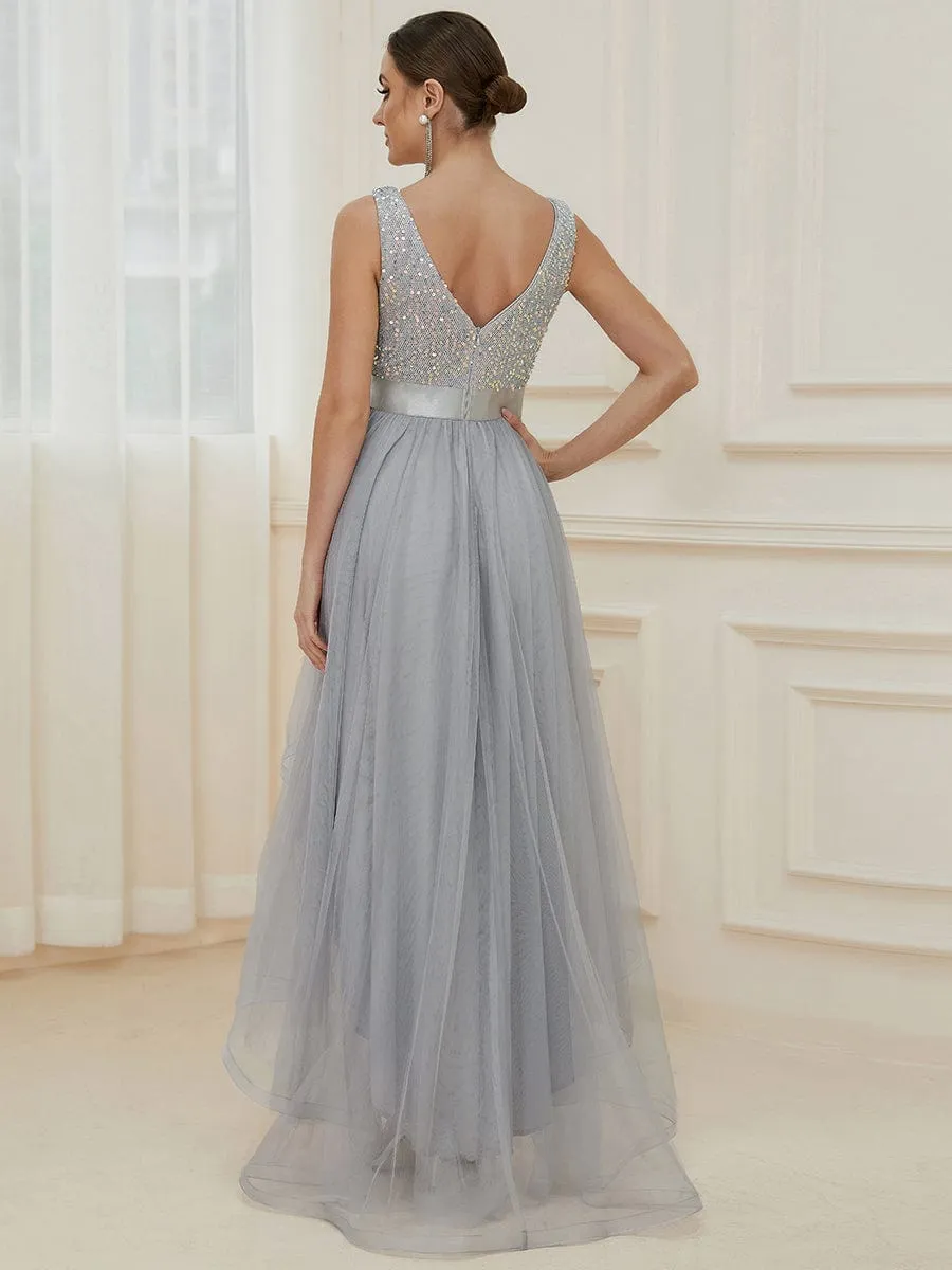 Abia | Sequin Bodice Tulle High-Low Evening Dress with Ribbon Waist