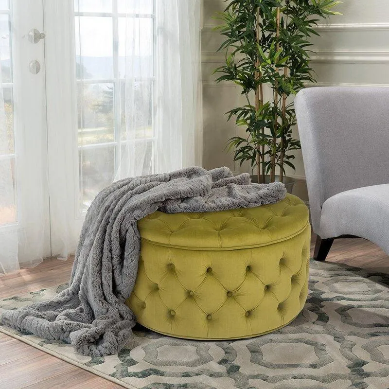 Alhome Velvet Green Pouf Malaysian Wood, Velvet Fabric, Green Color (70x70x40)