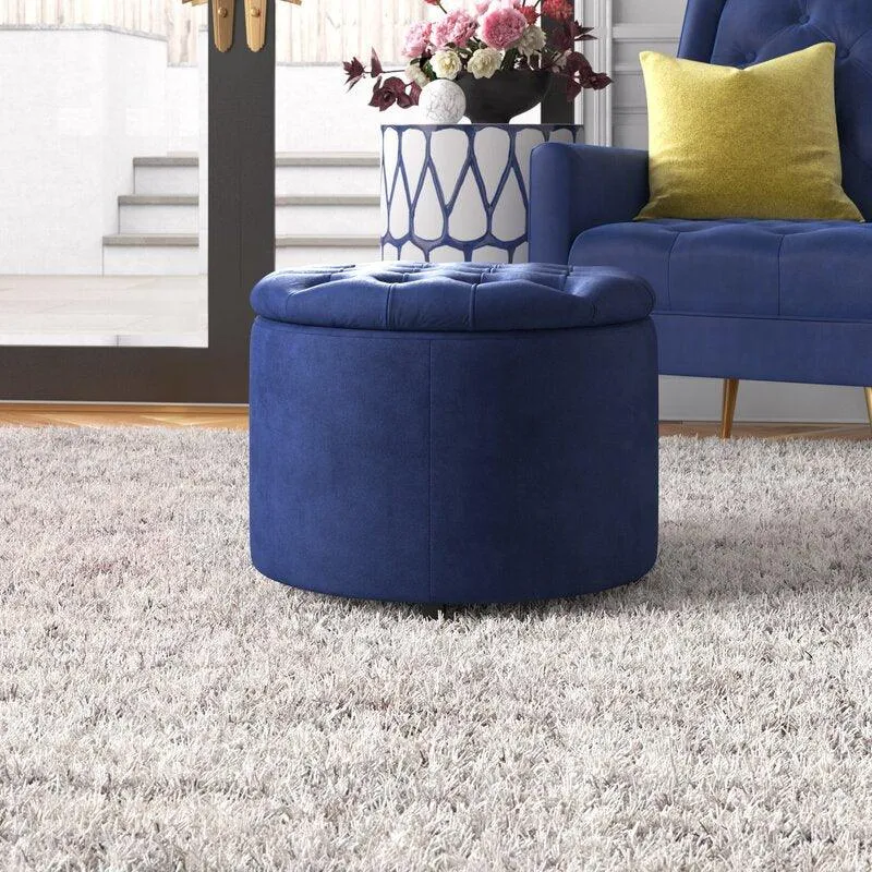 Alhome Velvet Navy Pouf Malaysian Wood, Velvet Fabric, Navy Color (36x36x46)