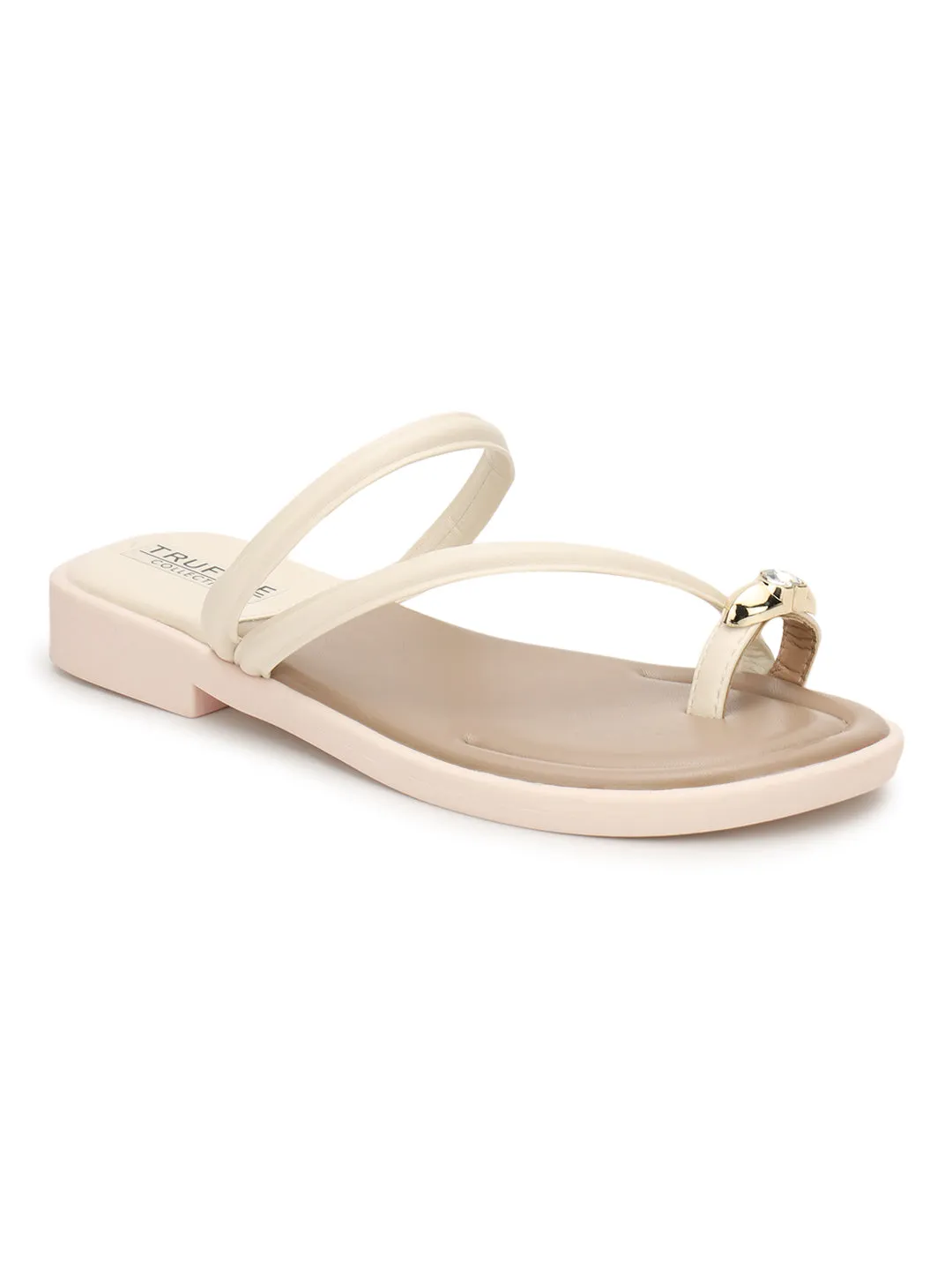 Beige PU Diamond Toe Ring Slip-On Flats (TC-RS3595-BEIG)