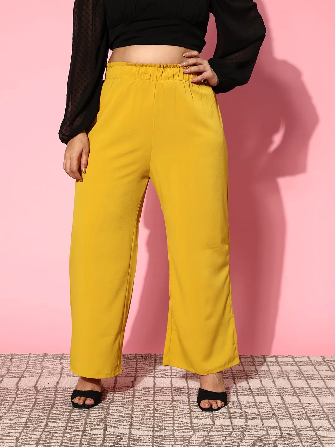 Berrylush Women Plus Size Solid Yellow High-Rise Paperbag Waist Wide-Leg Slip-On Flared Culotte Pants