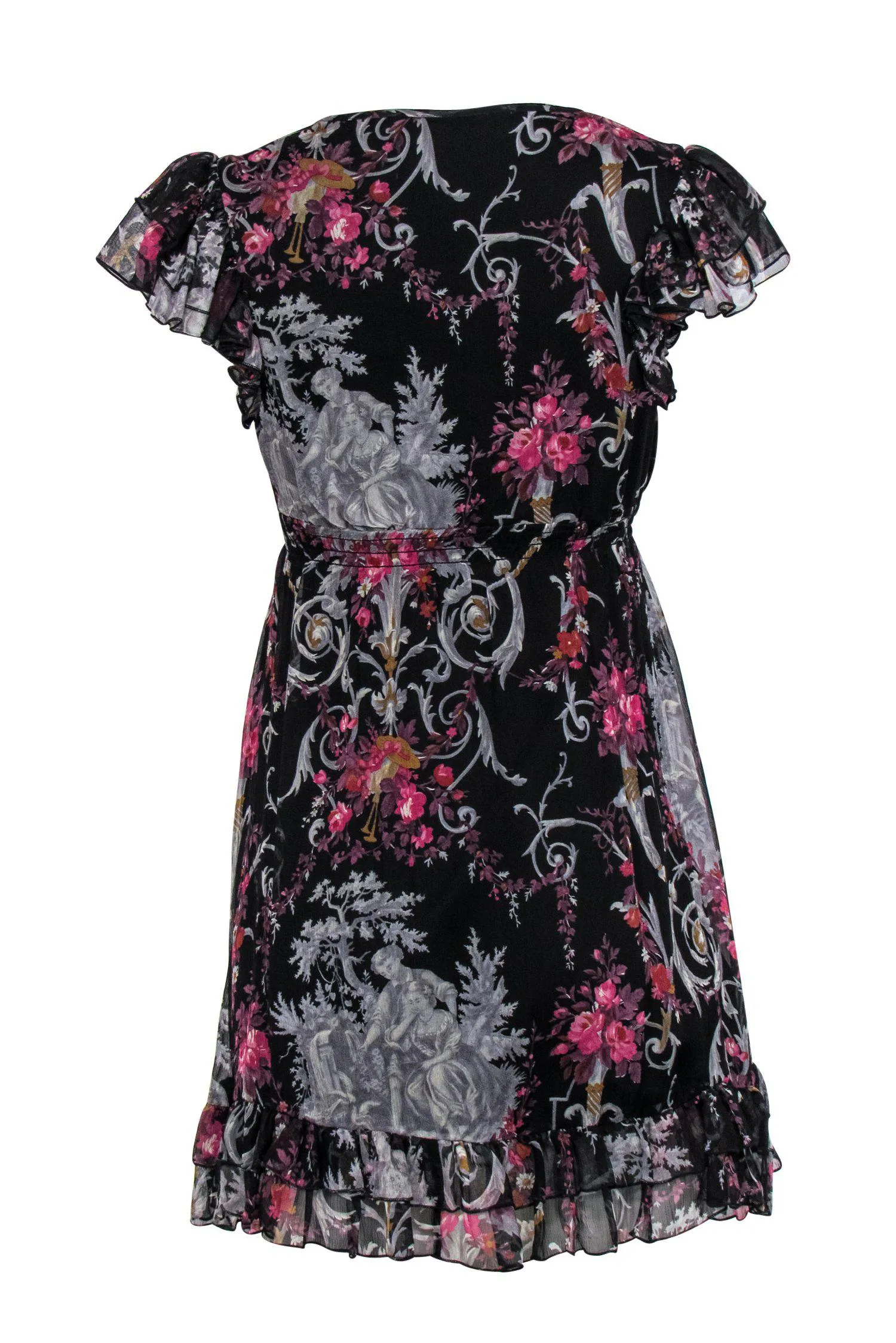 Betsey Johnson - Black Floral Rococo Silk Ruffle Dress Sz M