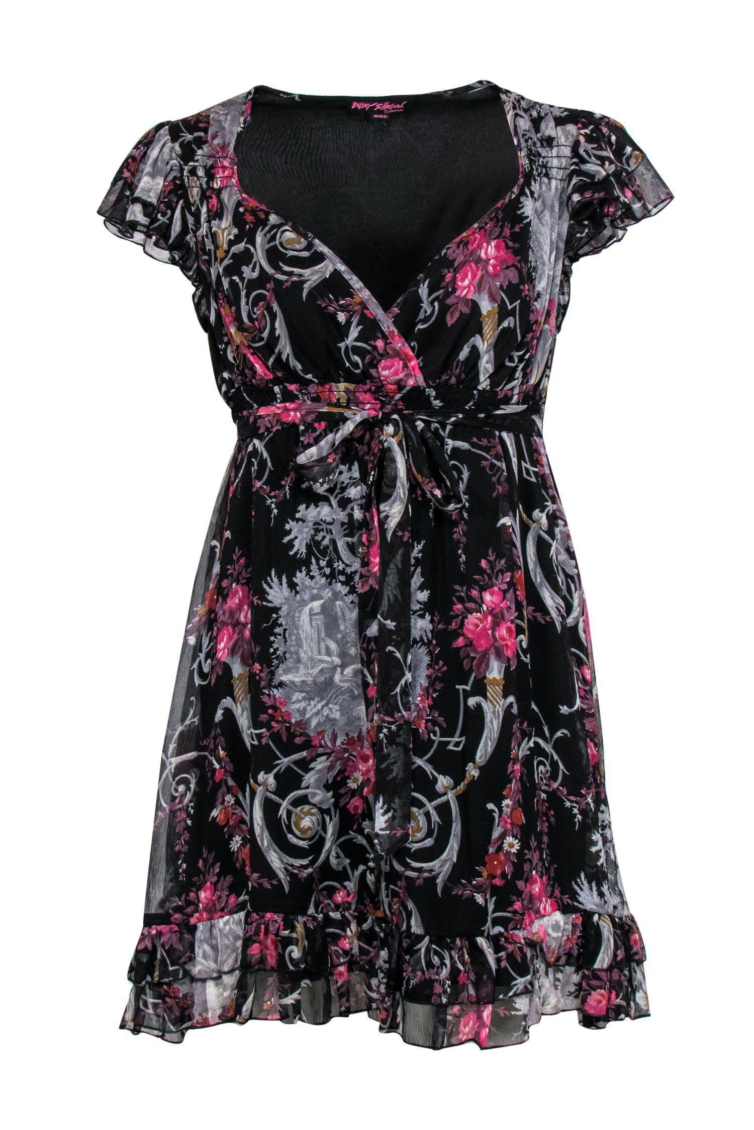 Betsey Johnson - Black Floral Rococo Silk Ruffle Dress Sz M