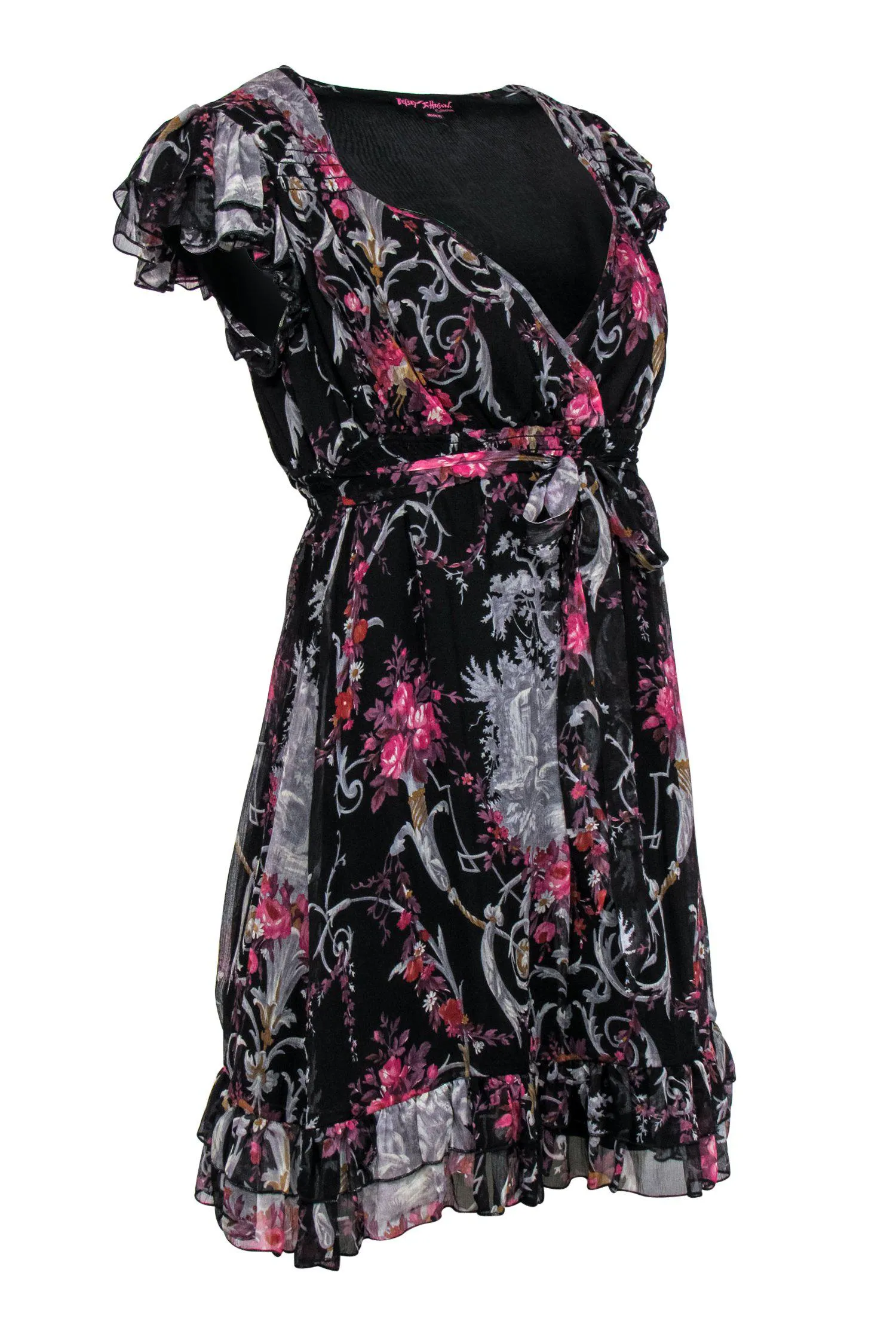 Betsey Johnson - Black Floral Rococo Silk Ruffle Dress Sz M