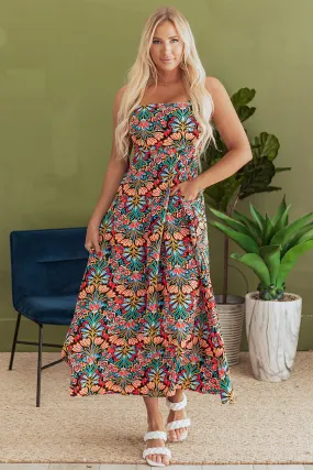 Black Boho Floral Print Thin Straps Sleeveless High Waist Maxi Dress