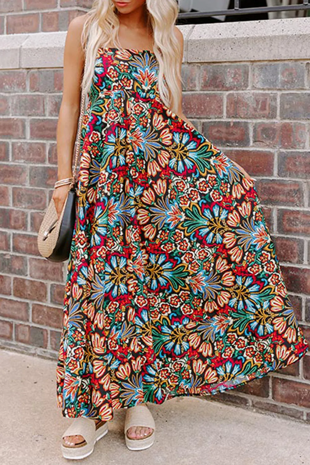 Black Boho Floral Print Thin Straps Sleeveless High Waist Maxi Dress