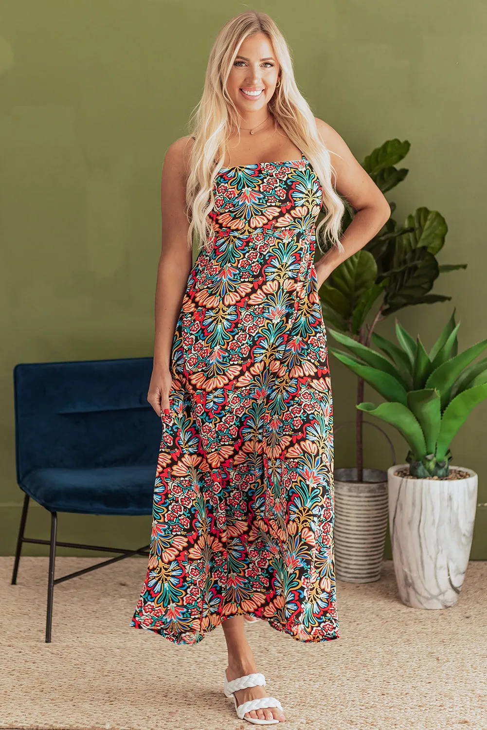 Black Boho Floral Print Thin Straps Sleeveless High Waist Maxi Dress