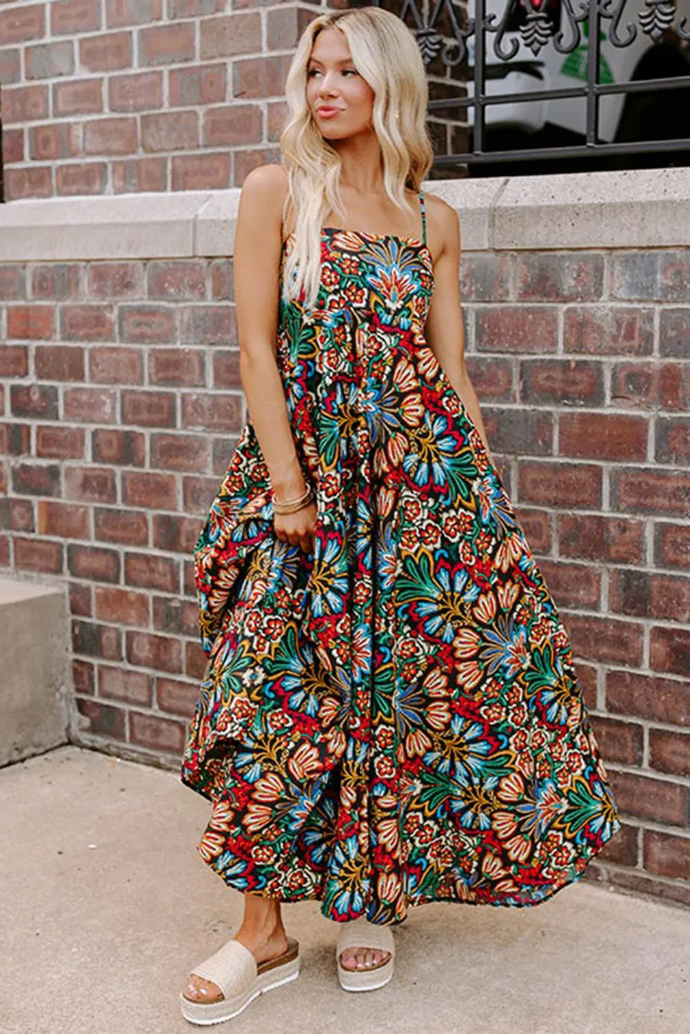 Black Boho Floral Print Thin Straps Sleeveless High Waist Maxi Dress