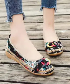 Black Cotton Fabric Print Splicing Boho Wedge Heels Plus Size ML1086