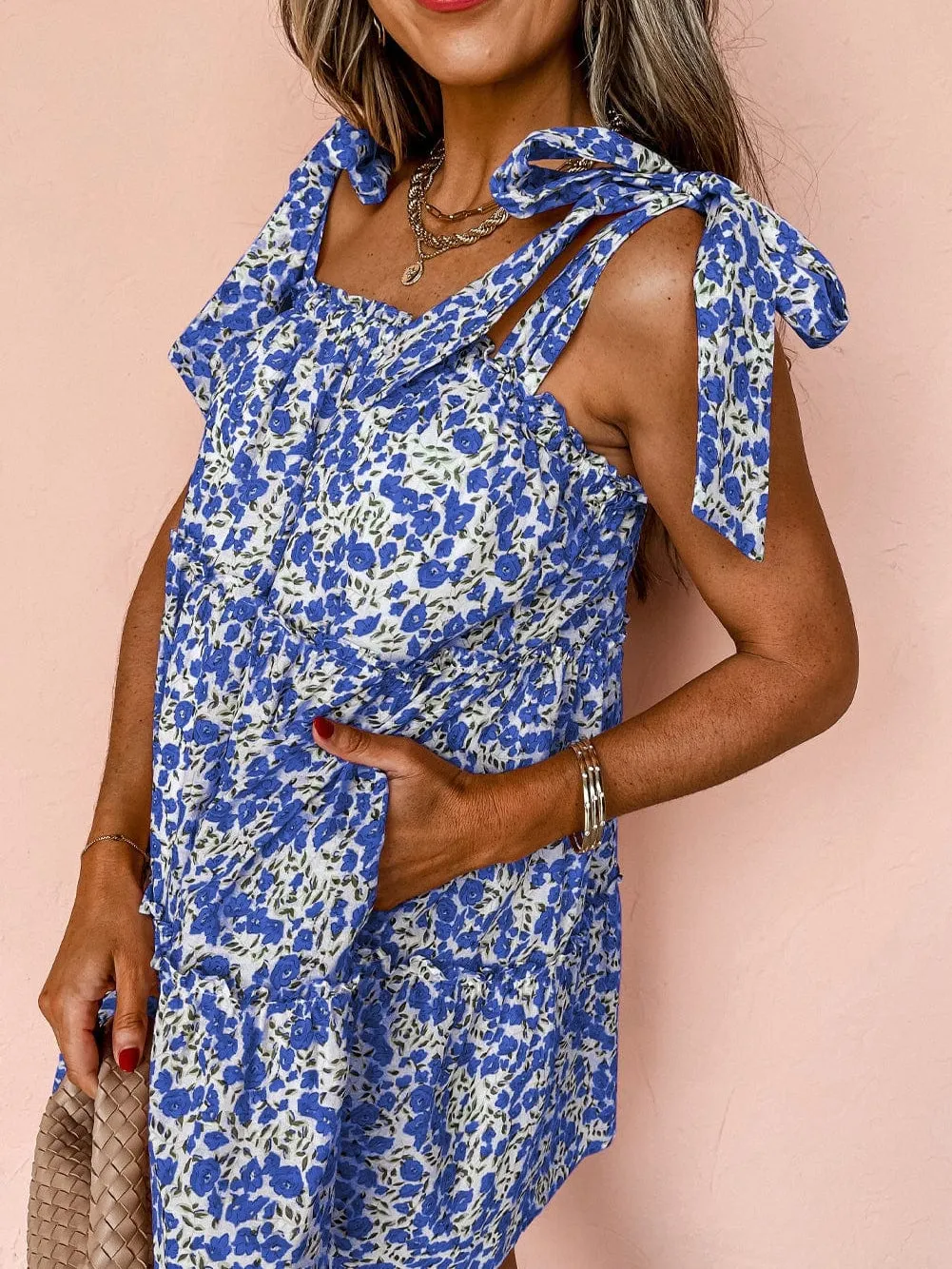 Blue Rose Bohemian Tiered Babydoll Dress with Knotted Straps