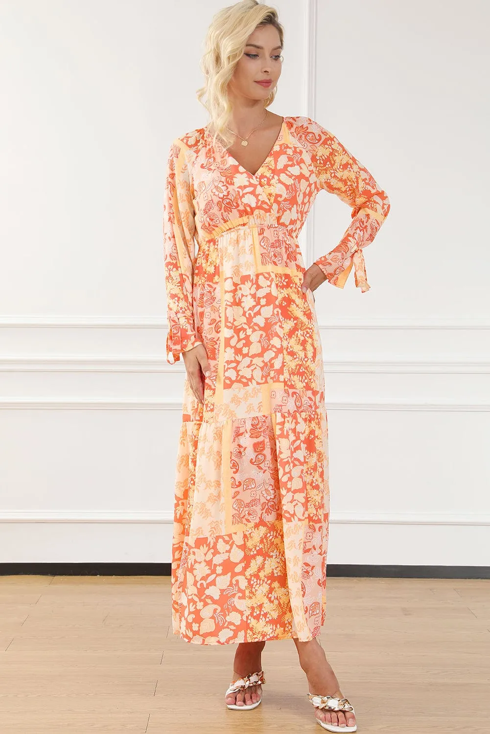 Bohemian Orange Floral Wrap Maxi Dress with V-Neck and Tie Sleeves