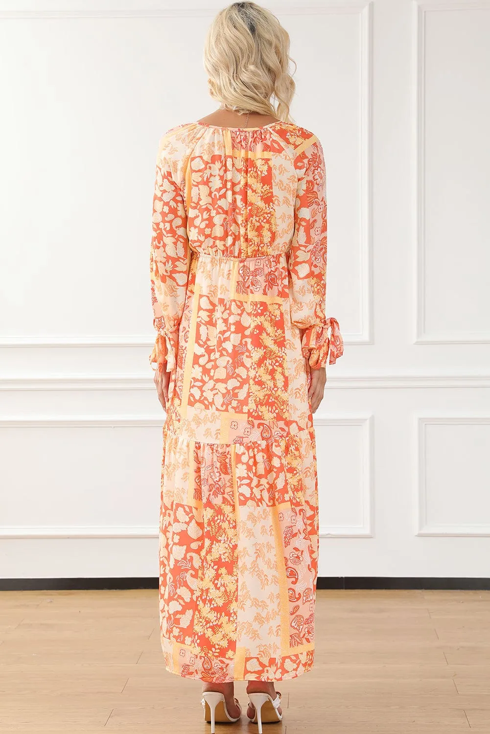 Bohemian Orange Floral Wrap Maxi Dress with V-Neck and Tie Sleeves