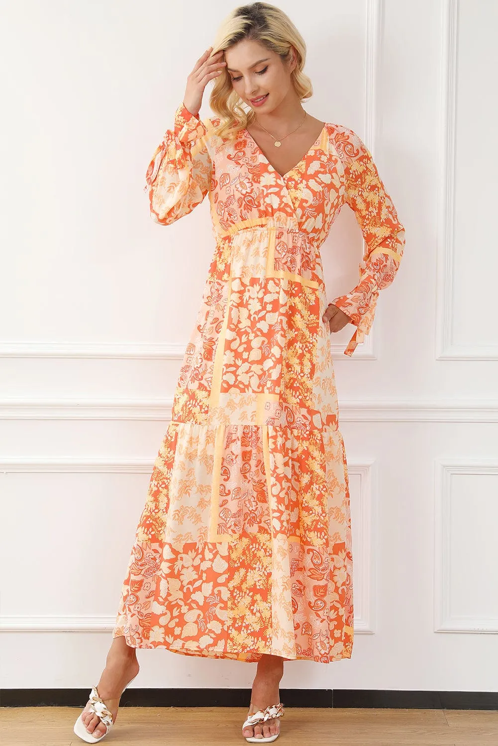 Bohemian Orange Floral Wrap Maxi Dress with V-Neck and Tie Sleeves