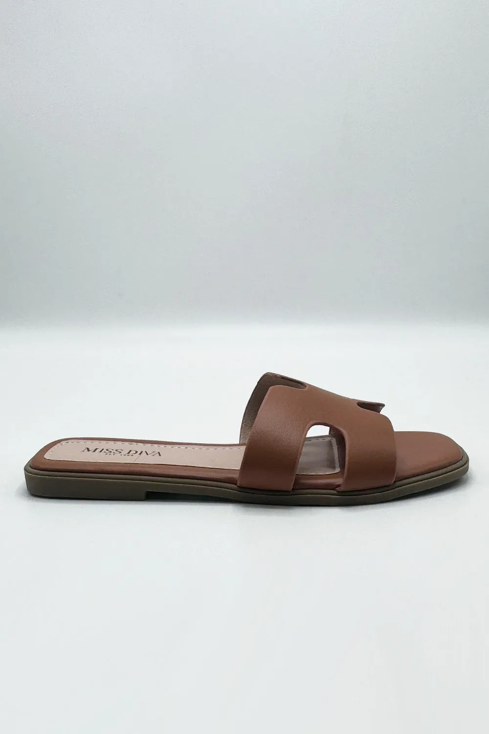 California Faux Leather Open Toe Flat Slider in Tan Matt