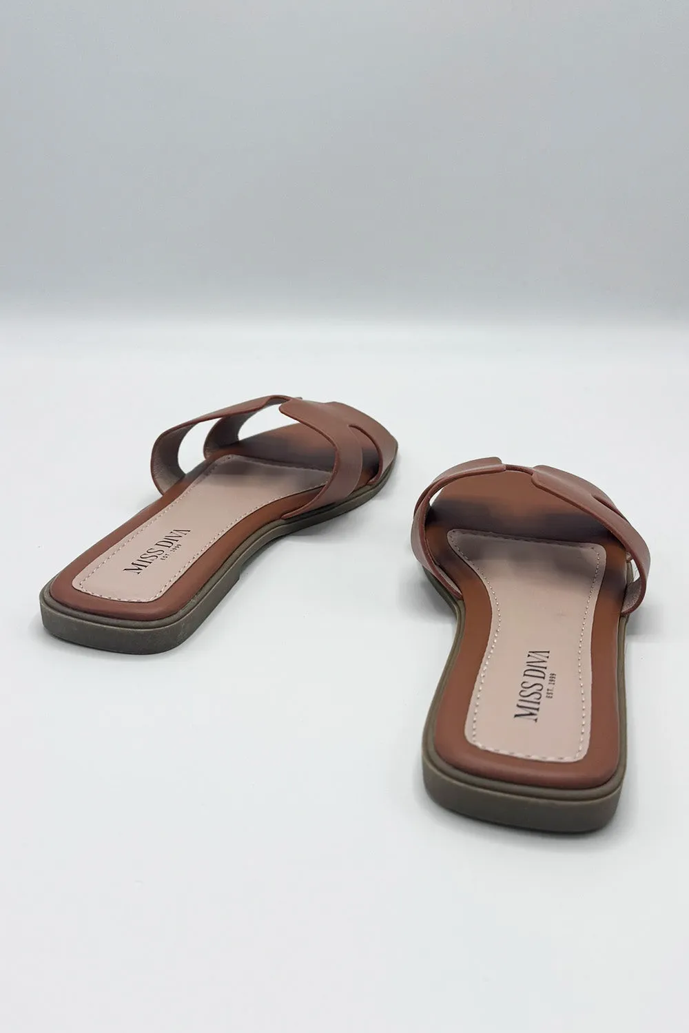 California Faux Leather Open Toe Flat Slider in Tan Matt