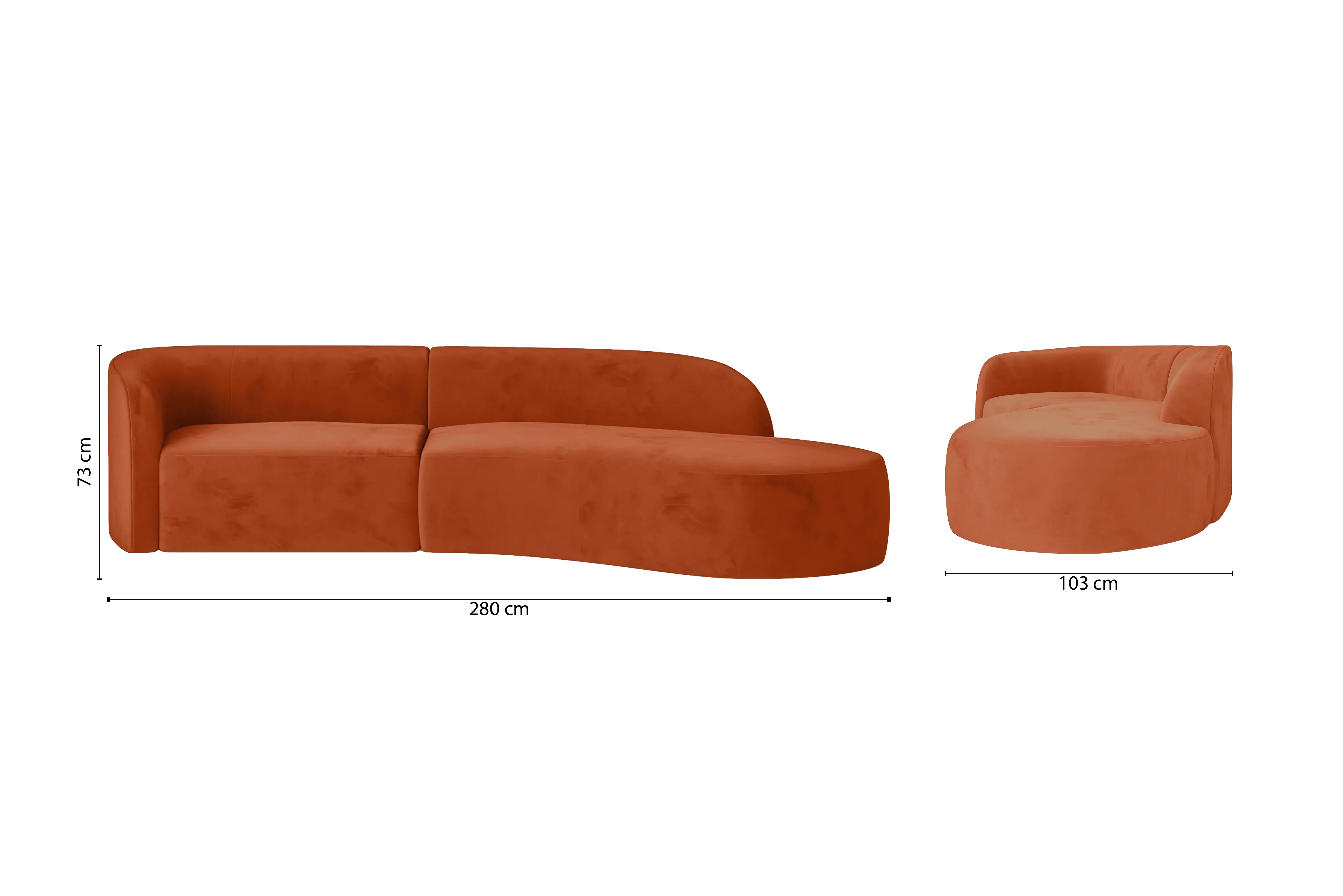 Caserta 3 Seater Right Hand Facing Chaise Lounge Corner Sofa Orange Velvet