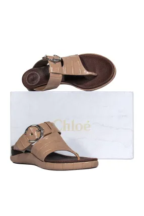 Chloe - Beige Patent Embossed Leather Thong Sandals w/ Buckles Sz 10