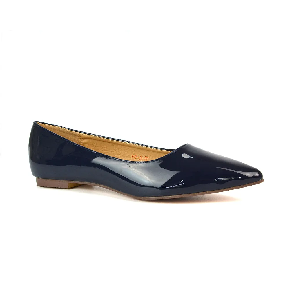 Cordelia Pointed Toe Flat Heel Ballerina Pump Shoes in Navy Patent